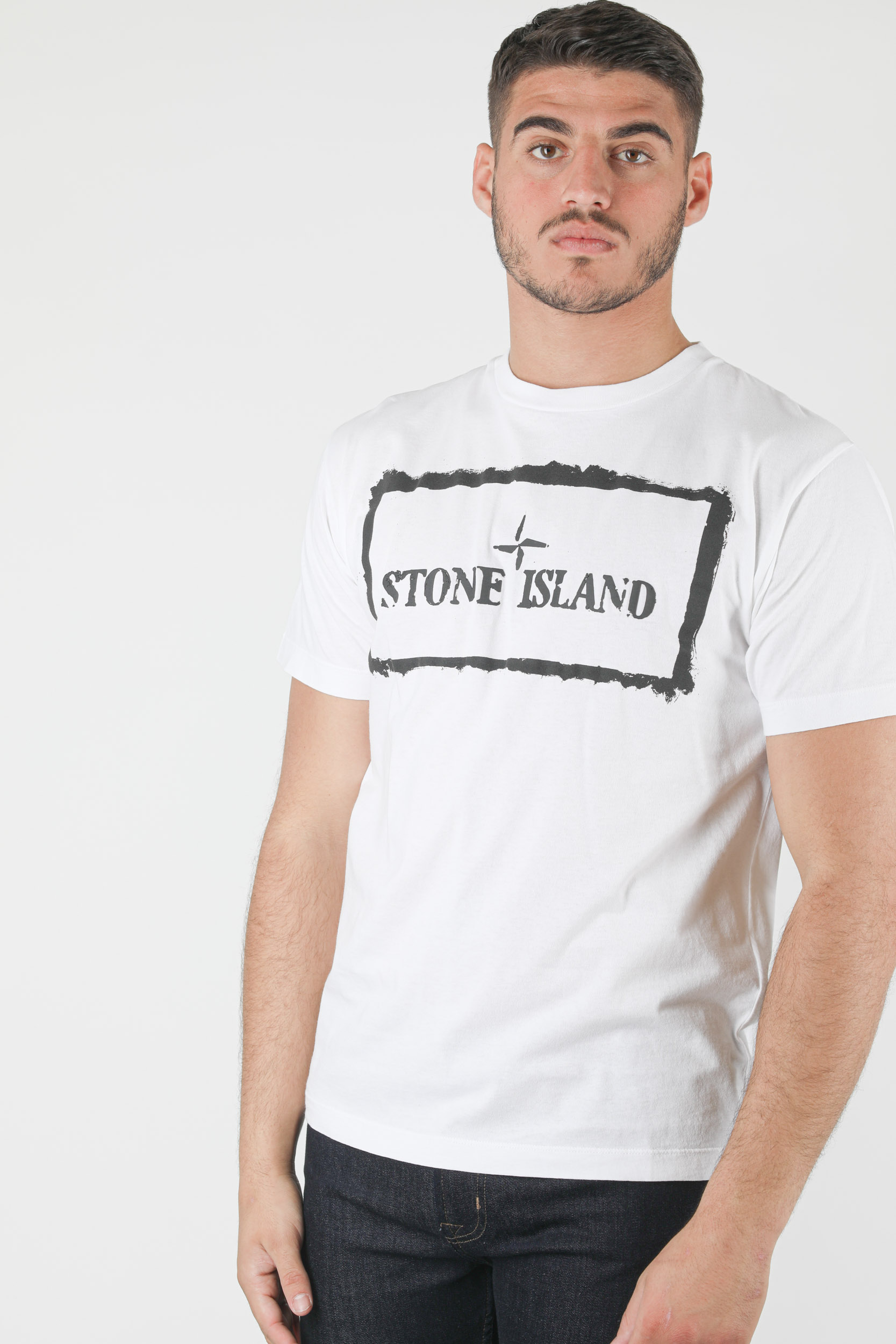 T-SHIRT STONE ISLAND BLANC EFFET PEINTURE NOIR 74152NS80-V0001