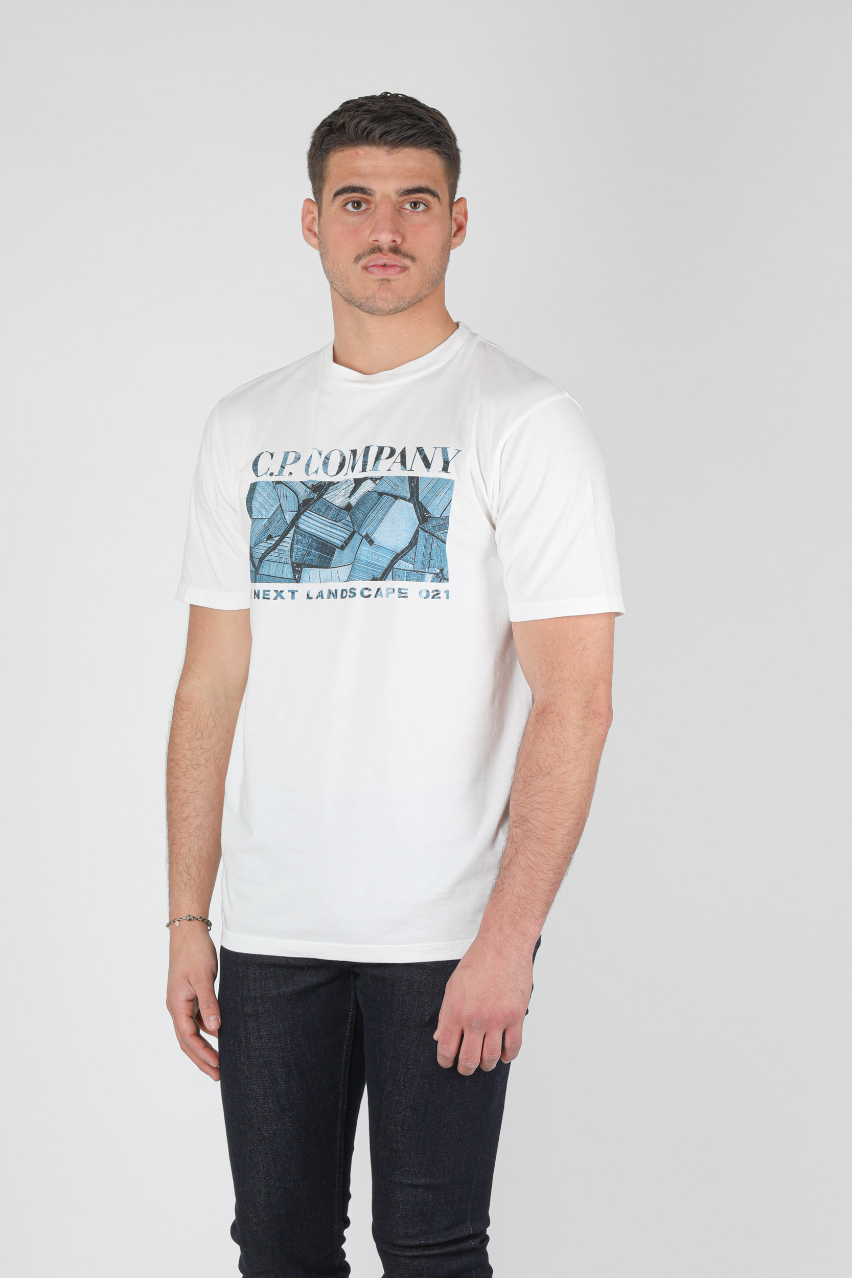 T-SHIRT C.P COMPANY BLANC LOGO BLEU S305A-103