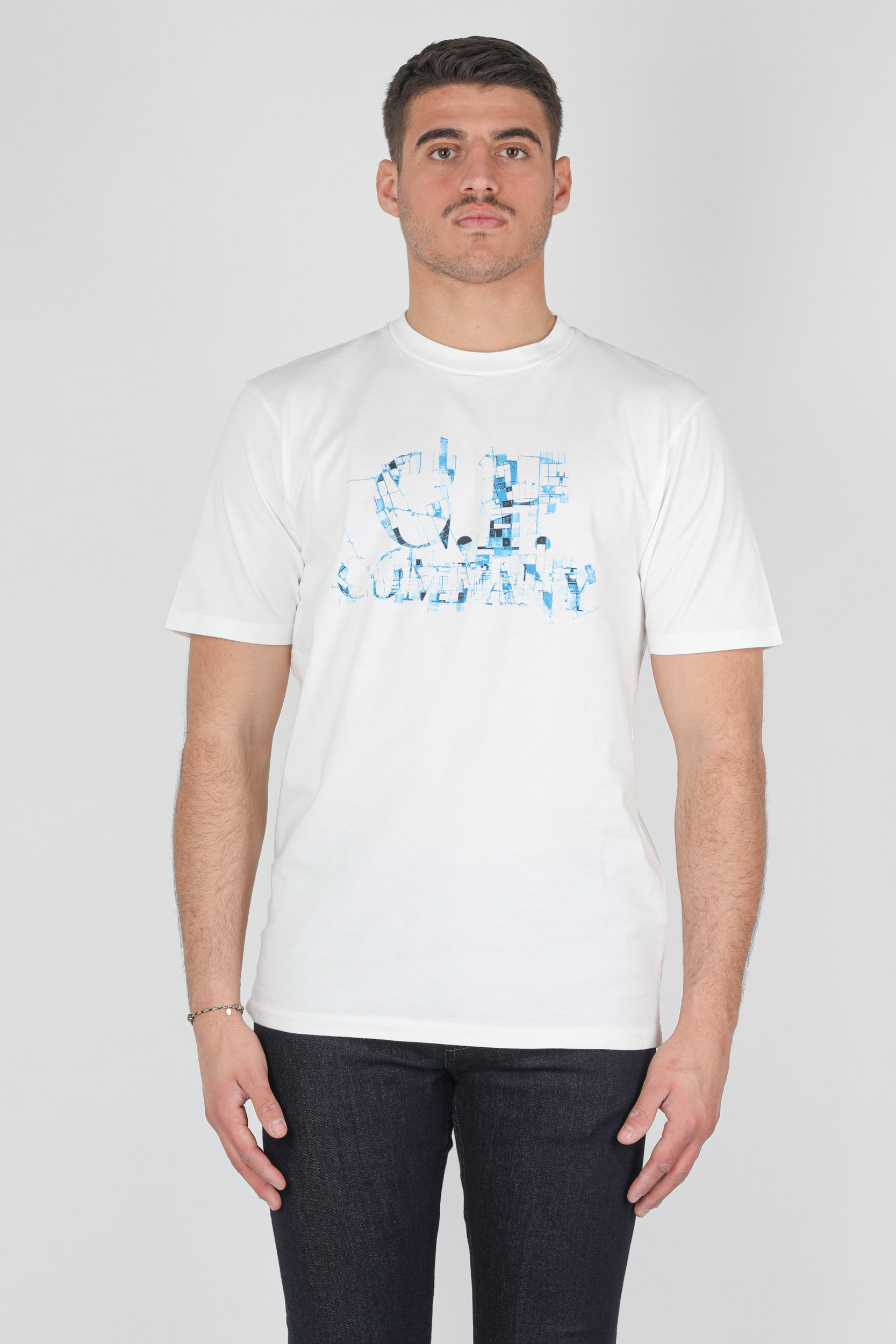 T-SHIRT C.P COMPANY BLANC LOGO BLEU S036A-103